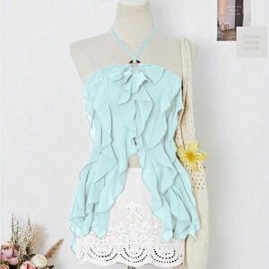 SHEIN Blue Ruffled Cut Out Sleeveless Tank Top
